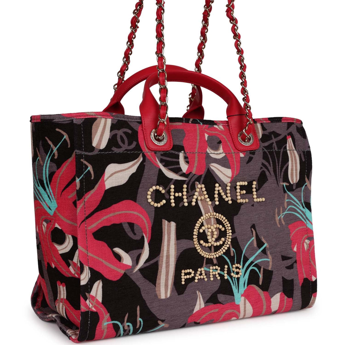 Chanel Medium Deauville Shopping Tote Grey, Pink Tropical Floral Velvet Light Gold Hardware