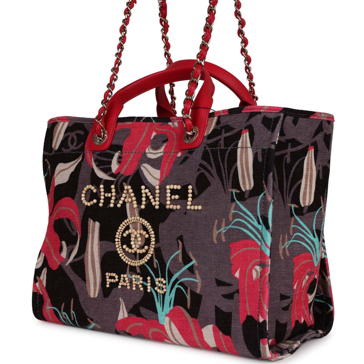 Chanel Medium Deauville Shopping Tote Grey, Pink Tropical Floral Velvet Light Gold Hardware