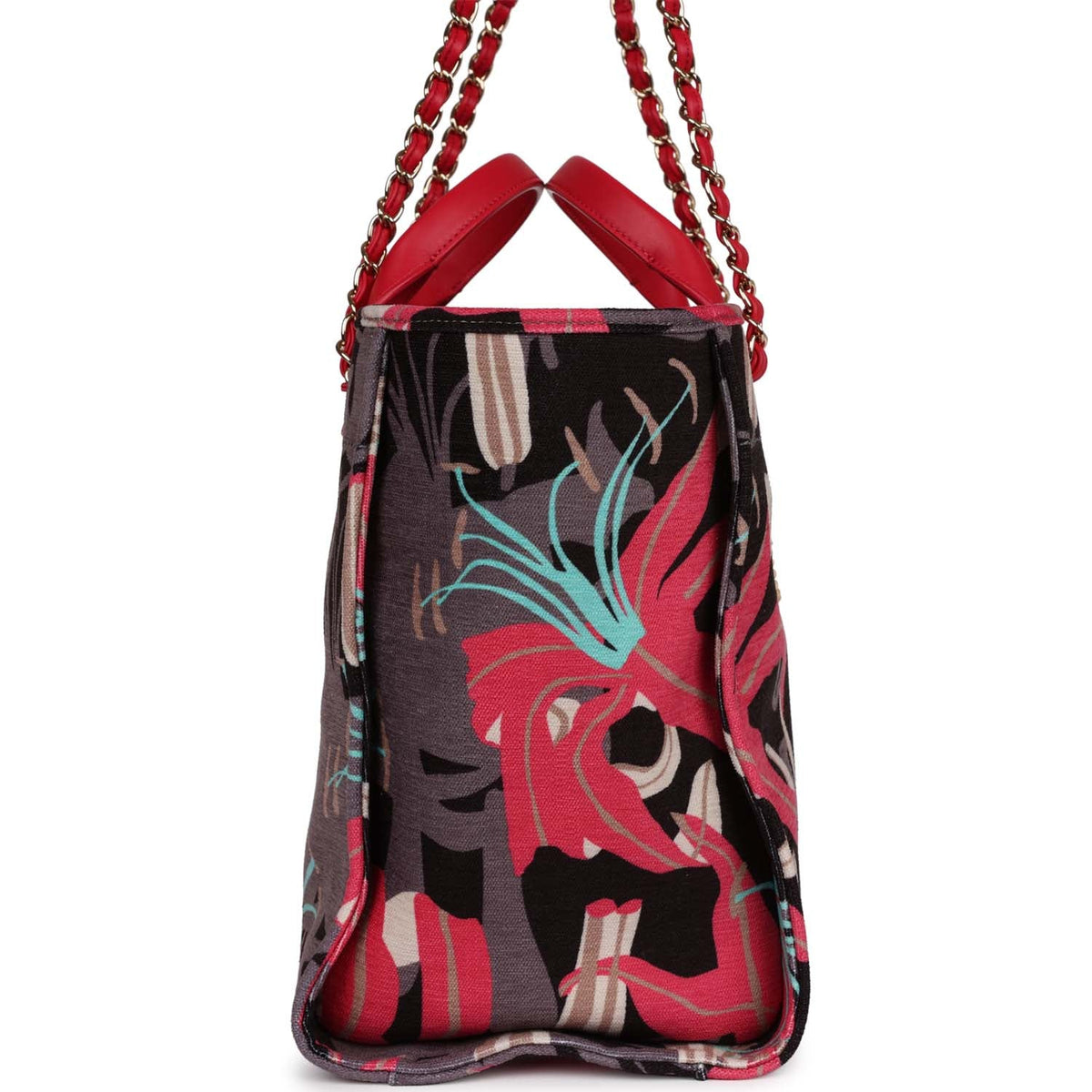 Chanel Medium Deauville Shopping Tote Grey, Pink Tropical Floral Velvet Light Gold Hardware