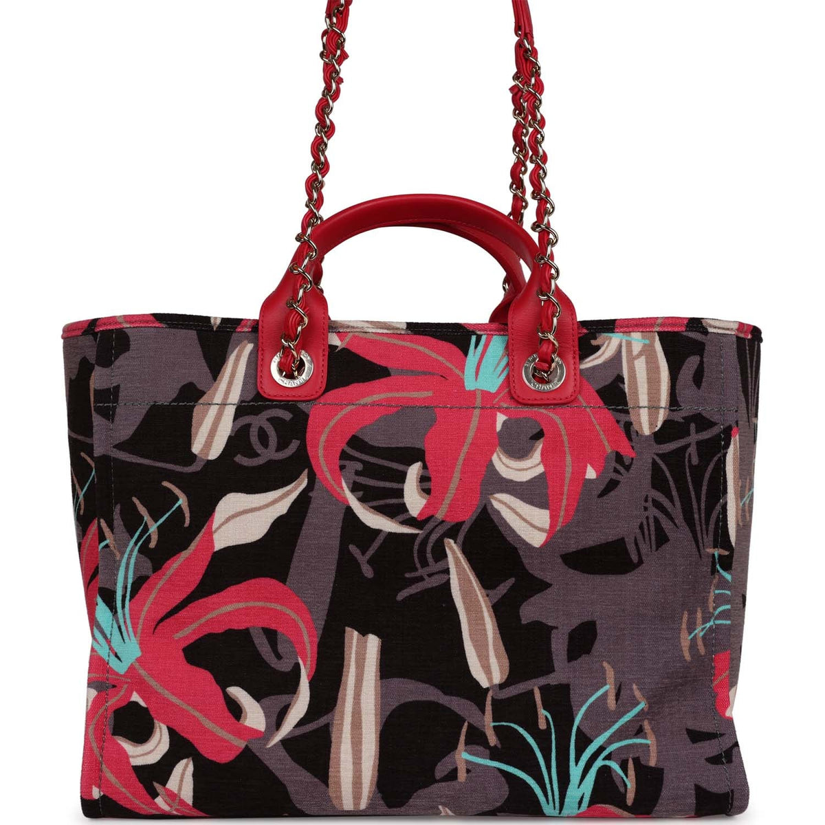 Chanel Medium Deauville Shopping Tote Grey, Pink Tropical Floral Velvet Light Gold Hardware