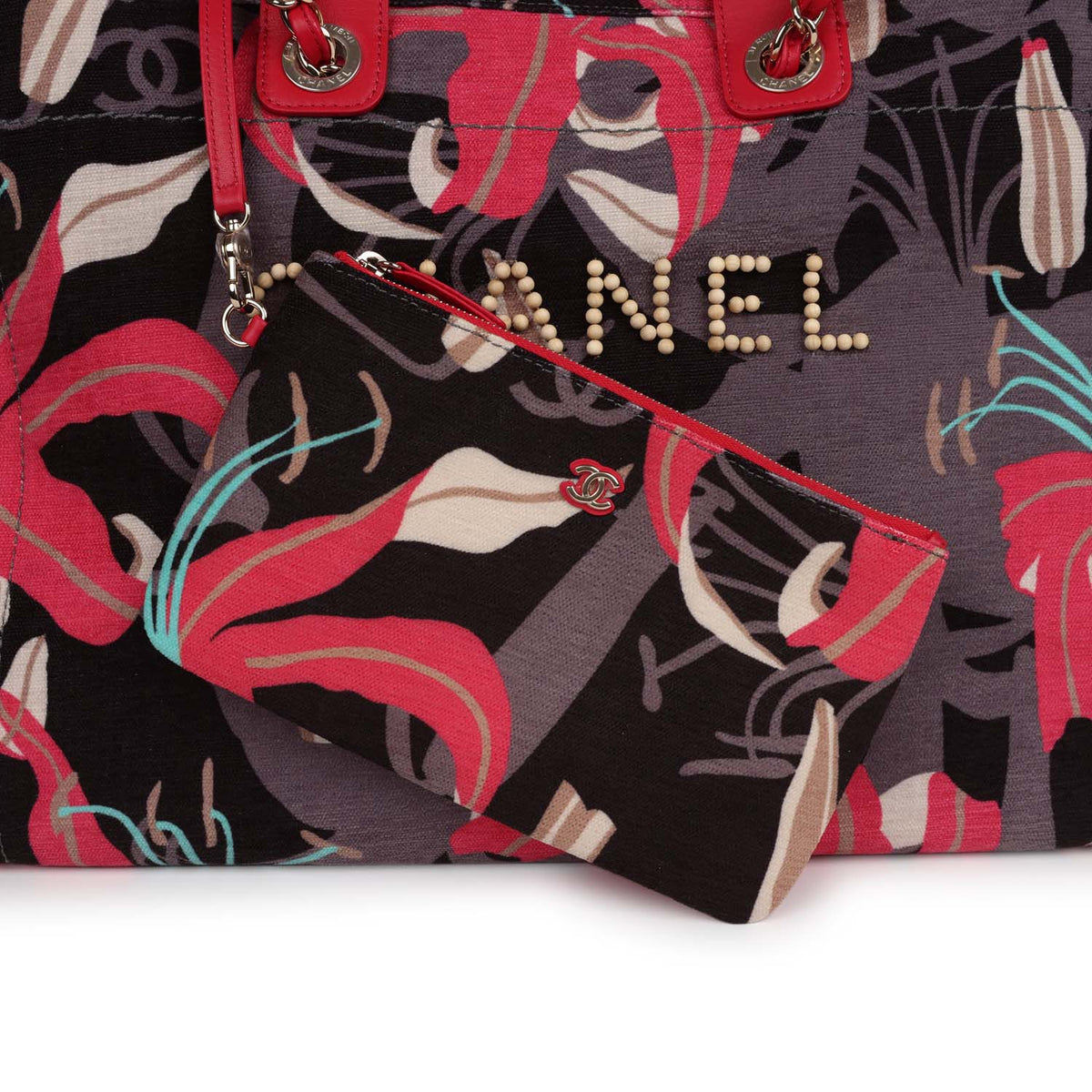 Chanel Medium Deauville Shopping Tote Grey, Pink Tropical Floral Velvet Light Gold Hardware