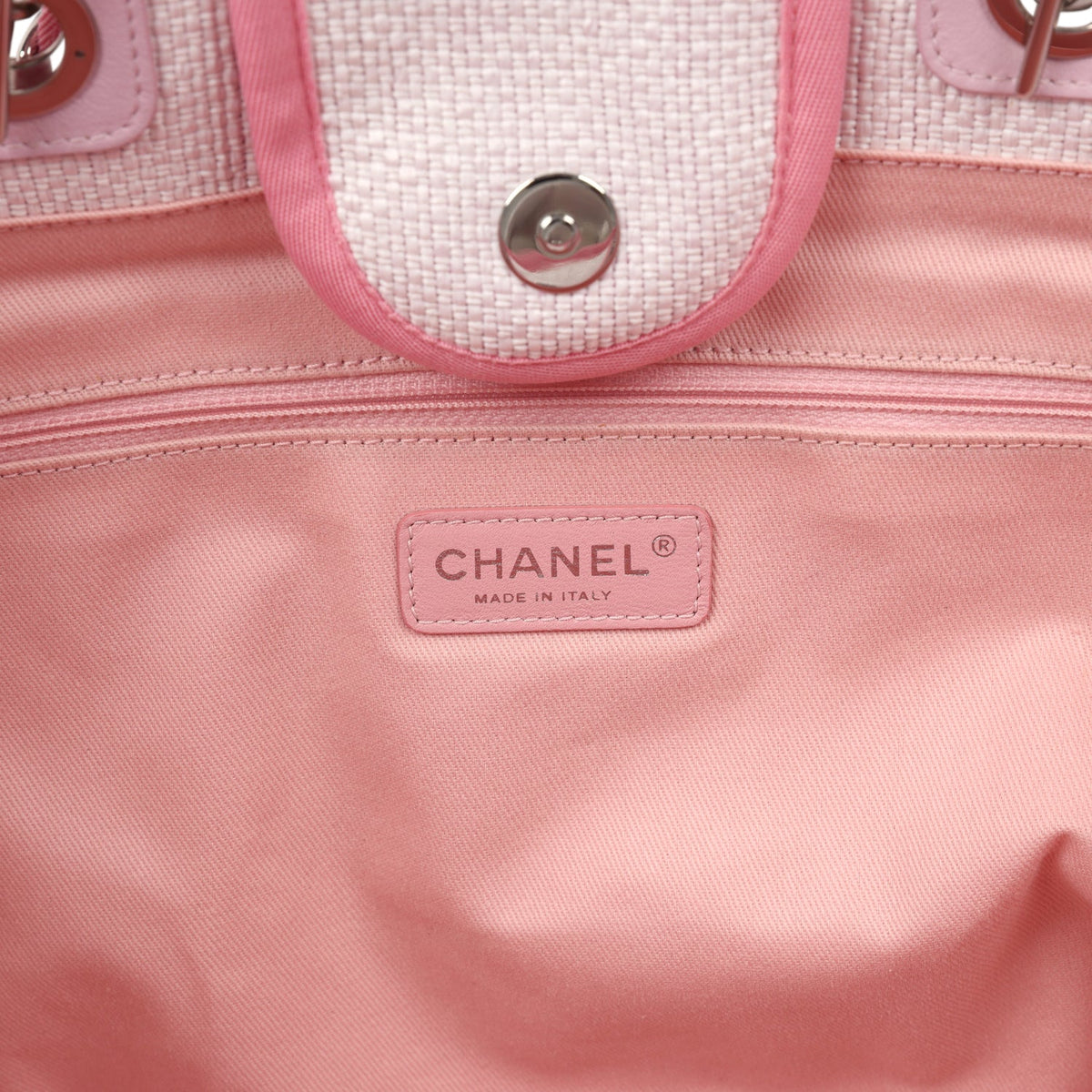 Pre-owned Chanel Medium Deauville Shopping Tote Light Pink Raffia and Canvas Silver Hardware