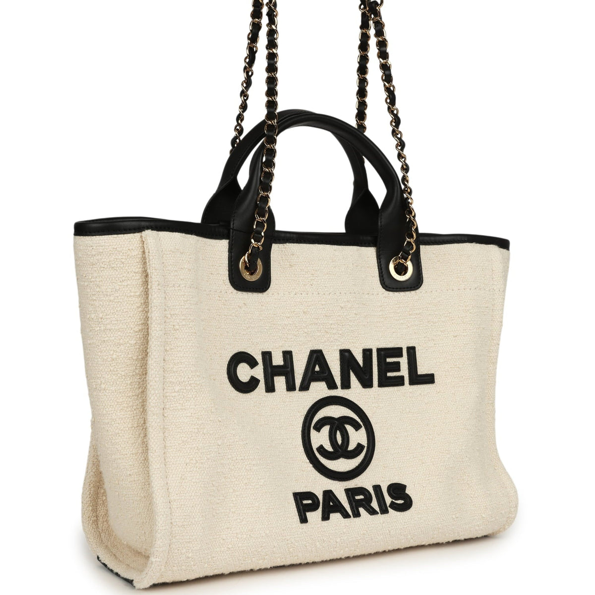 Chanel Small Deauville Shopping Tote Ecru Bouclé Tweed, Black Calfskin Gold Hardware