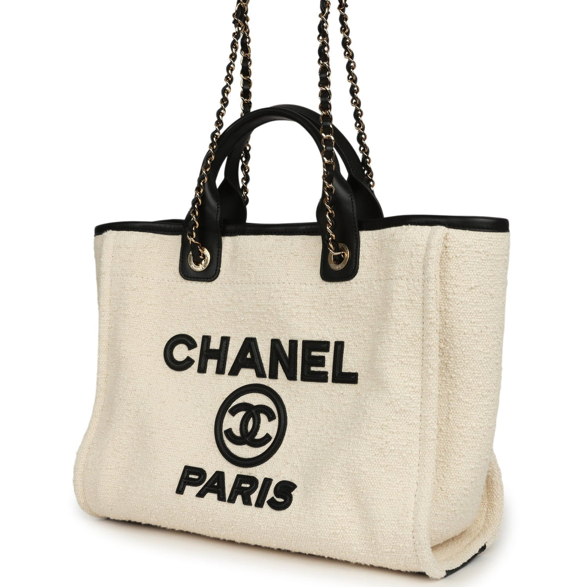 Chanel Small Deauville Shopping Tote Ecru Bouclé Tweed, Black Calfskin Gold Hardware
