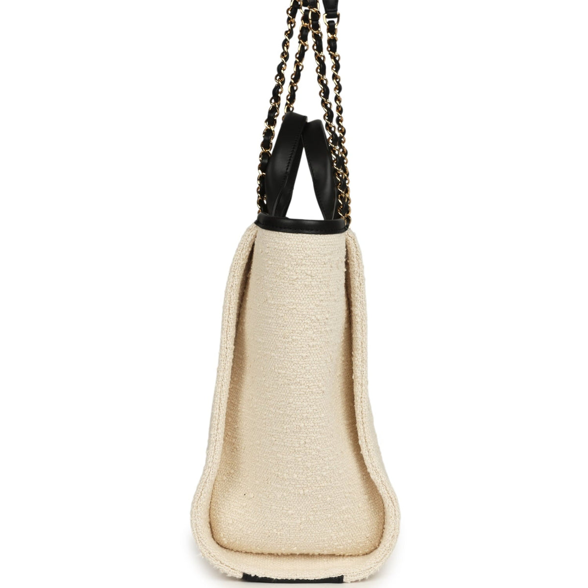 Chanel Small Deauville Shopping Tote Ecru Bouclé Tweed, Black Calfskin Gold Hardware
