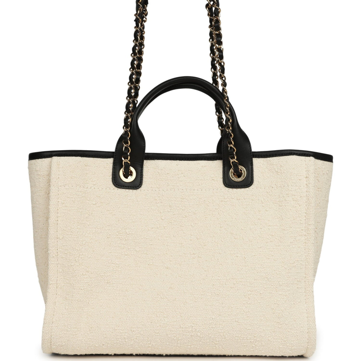 Chanel Small Deauville Shopping Tote Ecru Bouclé Tweed, Black Calfskin Gold Hardware