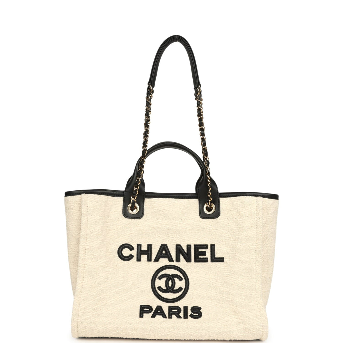 Chanel Small Deauville Shopping Tote Ecru Bouclé Tweed, Black Calfskin Gold Hardware