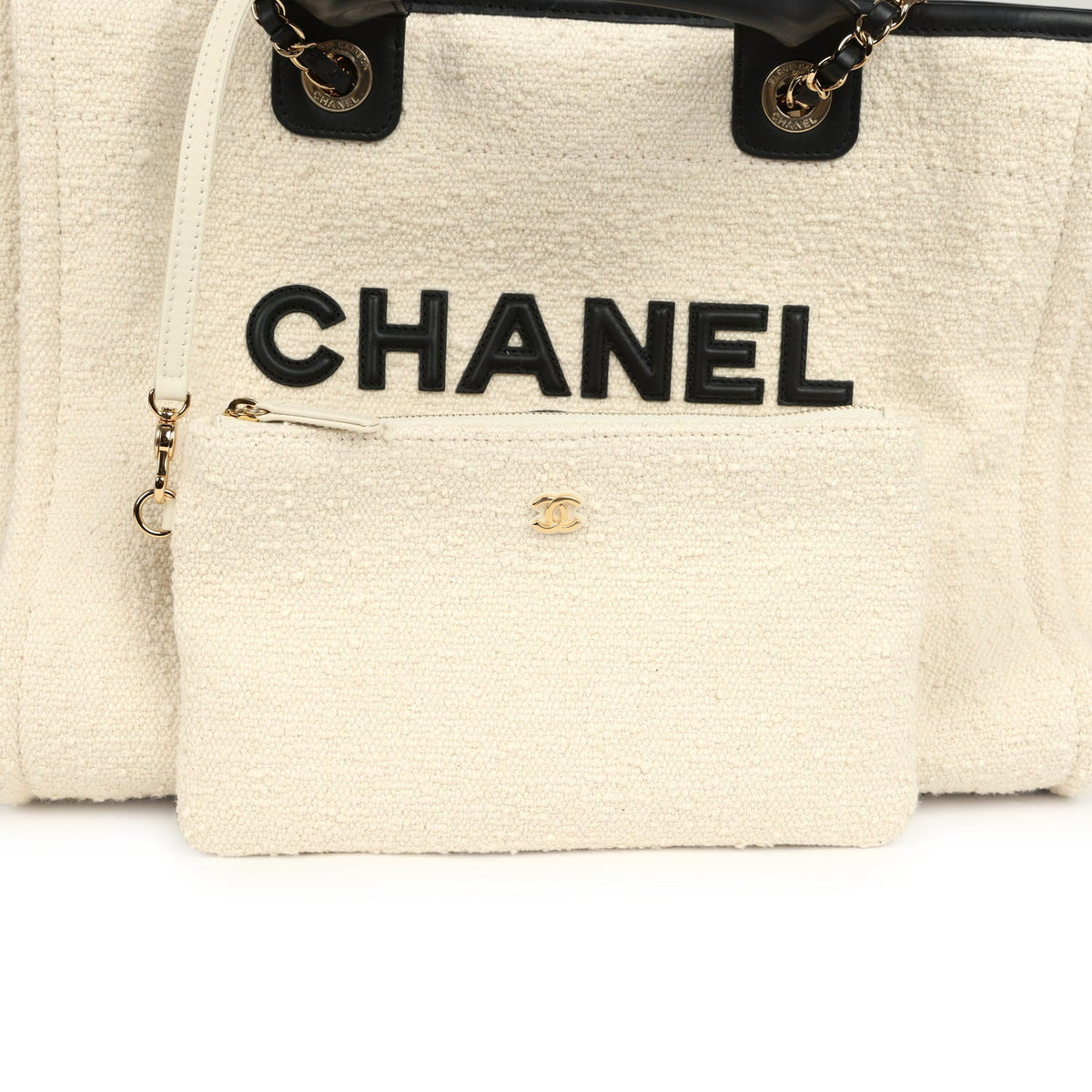 Chanel Small Deauville Shopping Tote Ecru Bouclé Tweed, Black Calfskin Gold Hardware