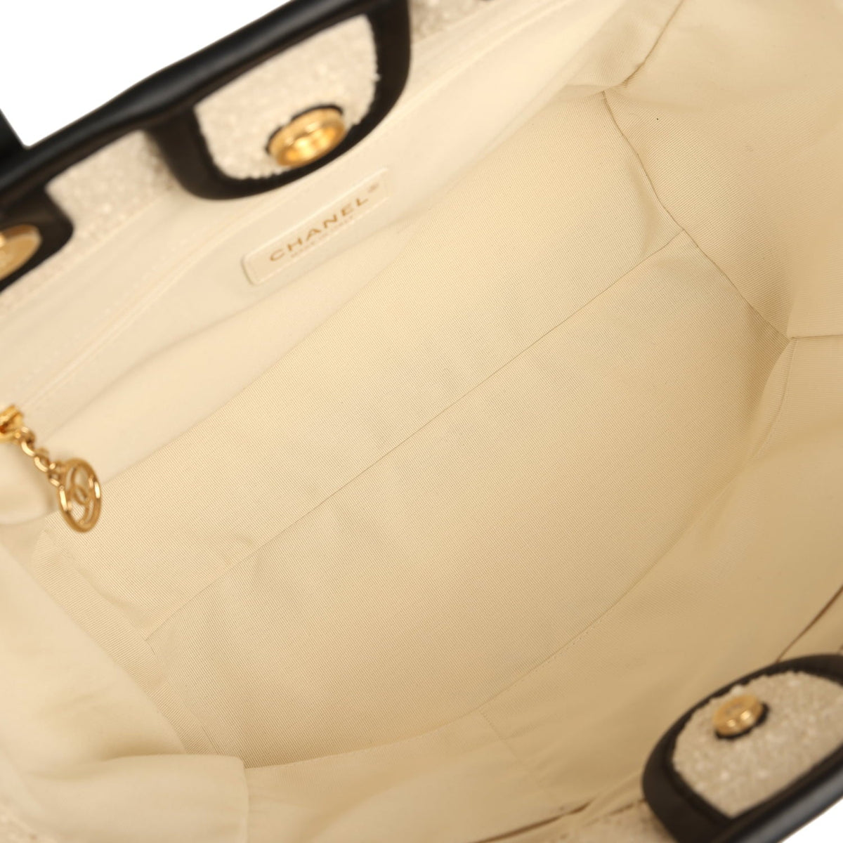Chanel Small Deauville Shopping Tote Ecru Bouclé Tweed, Black Calfskin Gold Hardware