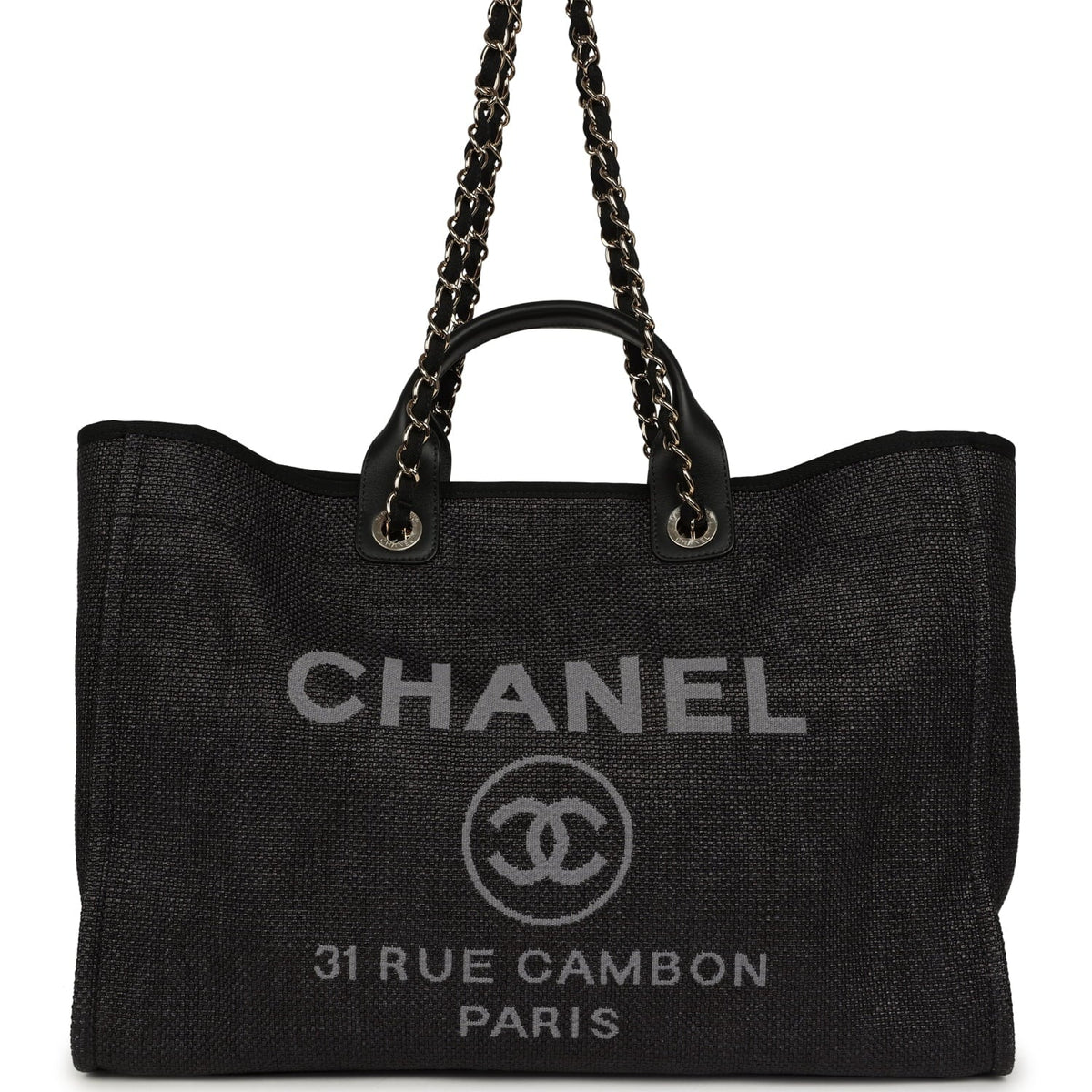 Chanel Large Deauville Shopping Tote Black, Grey Raffia, Black Canvas Light Gold Hardware