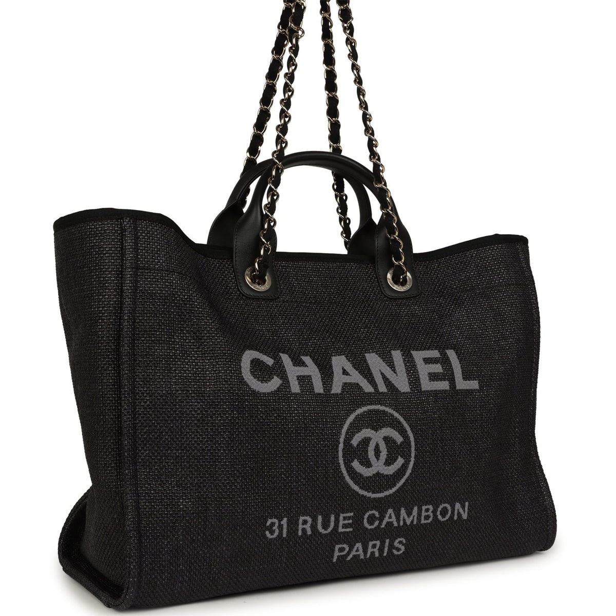 Chanel Large Deauville Shopping Tote Black, Grey Raffia, Black Canvas Light Gold Hardware