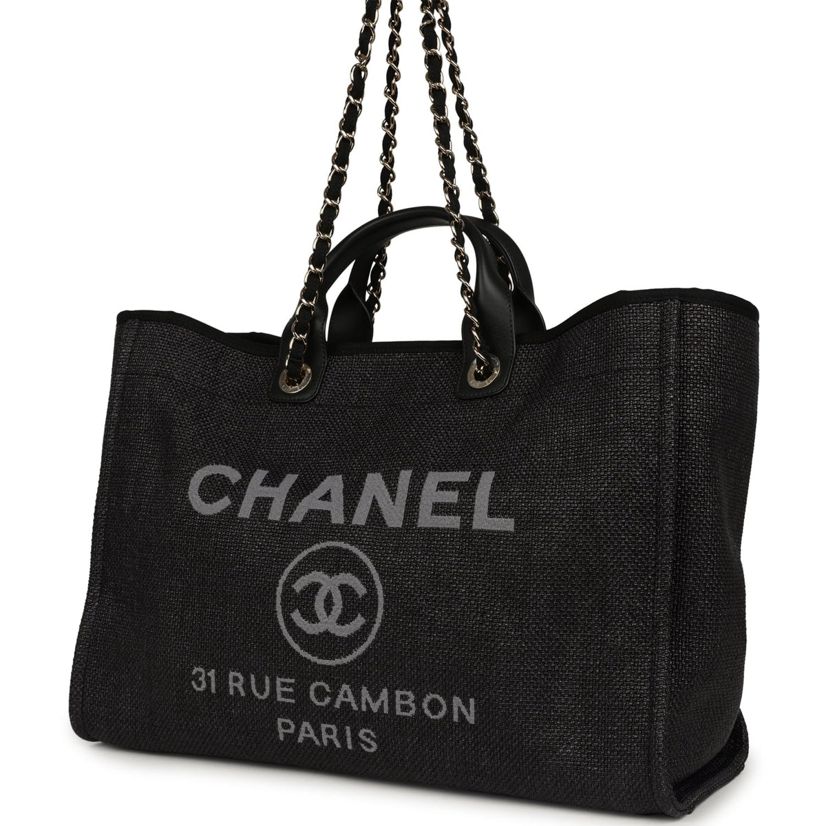 Chanel Large Deauville Shopping Tote Black, Grey Raffia, Black Canvas Light Gold Hardware
