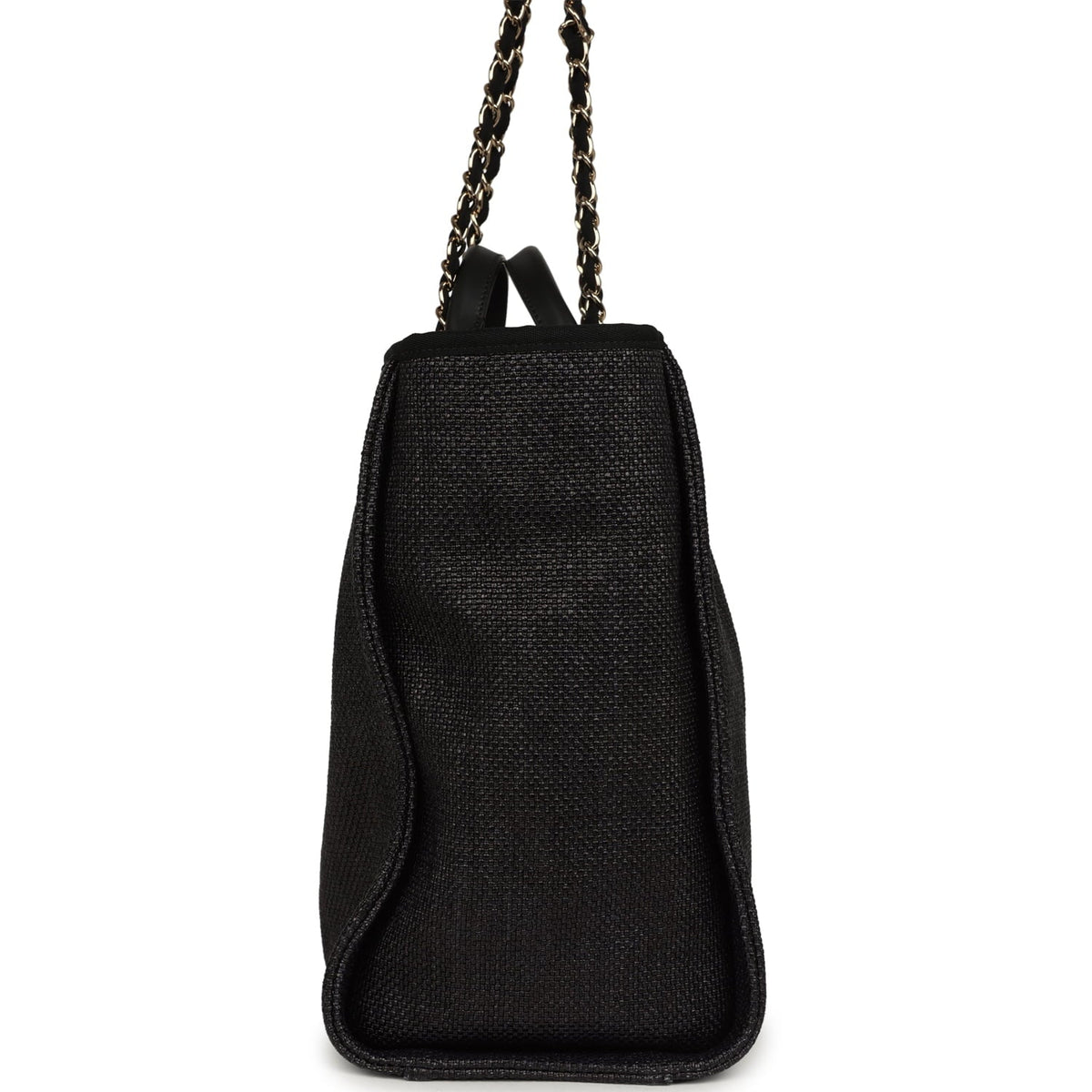 Chanel Large Deauville Shopping Tote Black, Grey Raffia, Black Canvas Light Gold Hardware