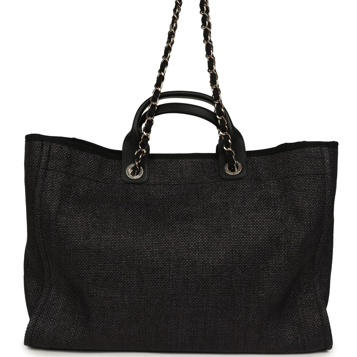 Chanel Large Deauville Shopping Tote Black, Grey Raffia, Black Canvas Light Gold Hardware