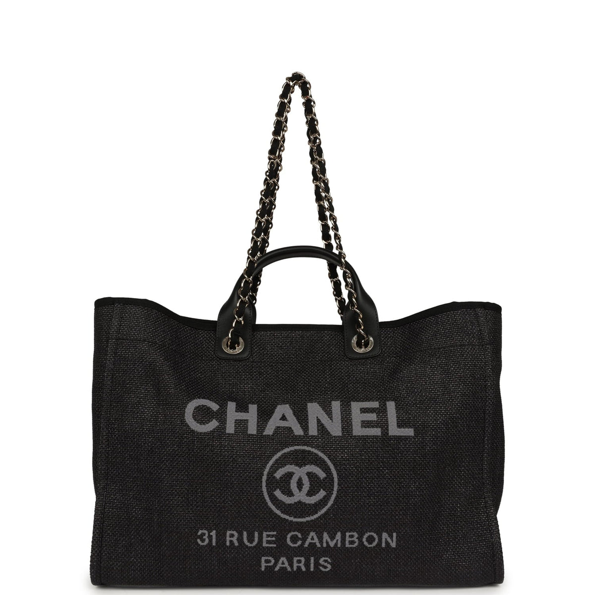 Chanel Large Deauville Shopping Tote Black, Grey Raffia, Black Canvas Light Gold Hardware