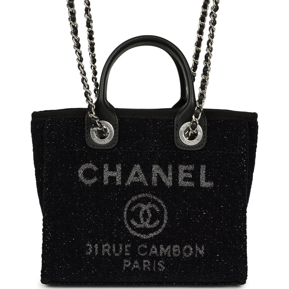 Chanel Mini Deauville Shopping Tote Black, Silver Tweed Boucle, Leather Silver Hardware