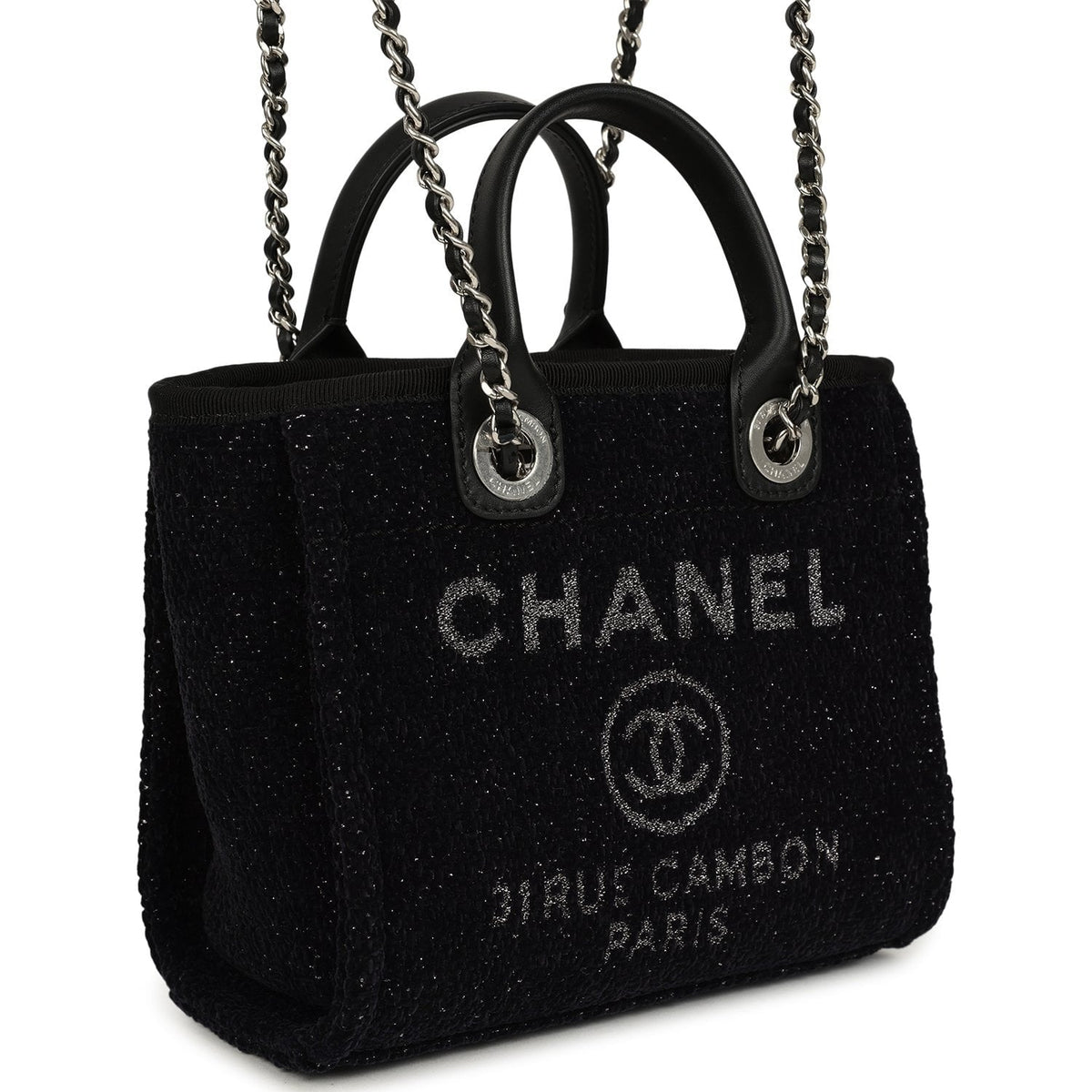 Chanel Mini Deauville Shopping Tote Black, Silver Tweed Boucle, Leather Silver Hardware