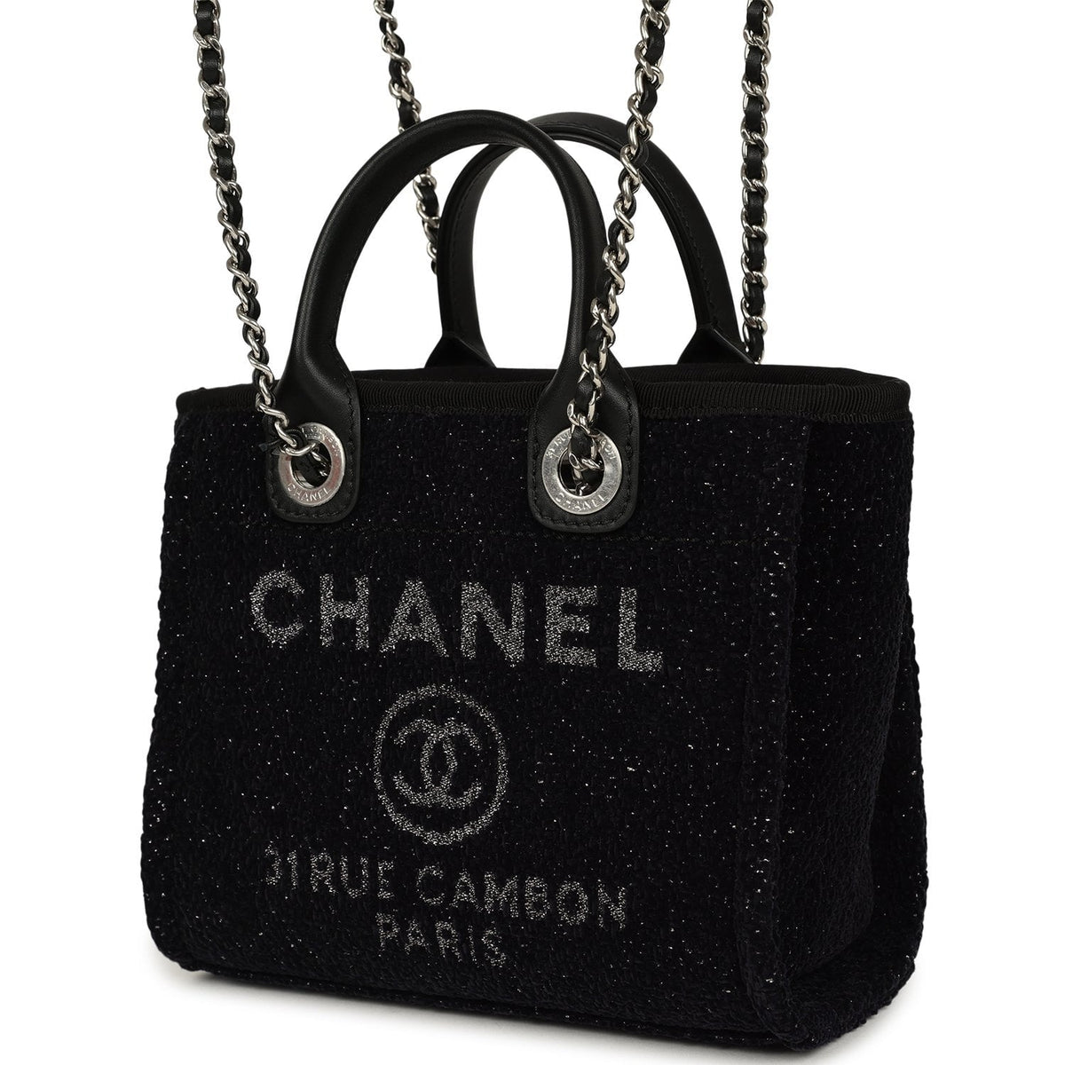 Chanel Mini Deauville Shopping Tote Black, Silver Tweed Boucle, Leather Silver Hardware