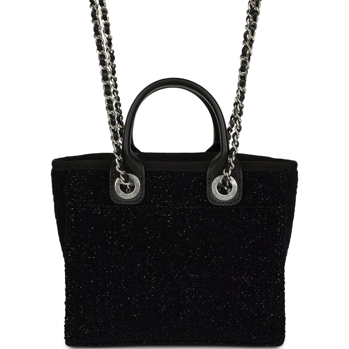Chanel Mini Deauville Shopping Tote Black, Silver Tweed Boucle, Leather Silver Hardware