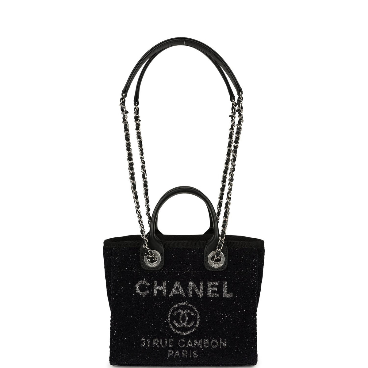 Chanel Mini Deauville Shopping Tote Black, Silver Tweed Boucle, Leather Silver Hardware