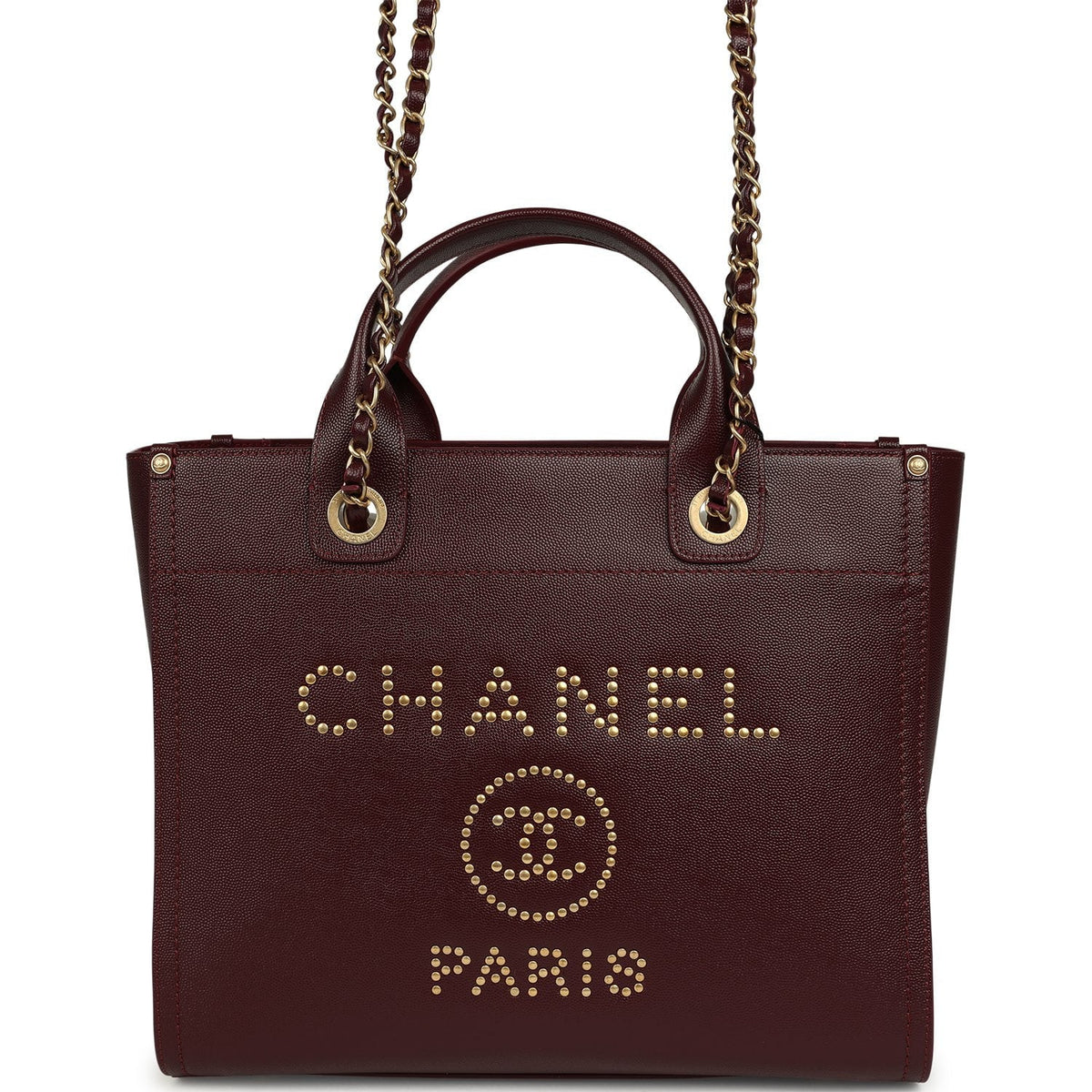 Chanel Small Studded Deauville Shopping Tote Burgundy Caviar Brushed Gold Hardware