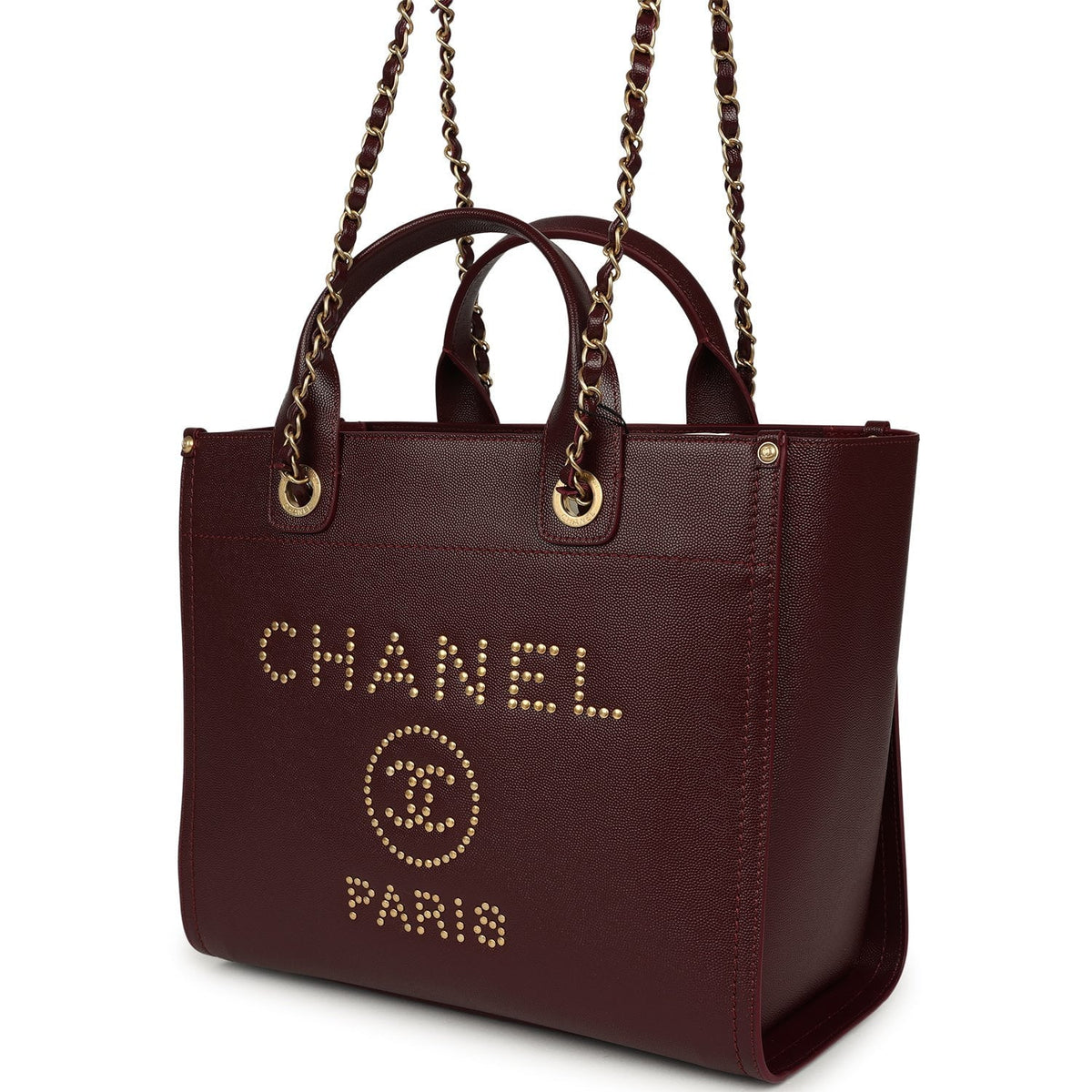 Chanel Small Studded Deauville Shopping Tote Burgundy Caviar Brushed Gold Hardware