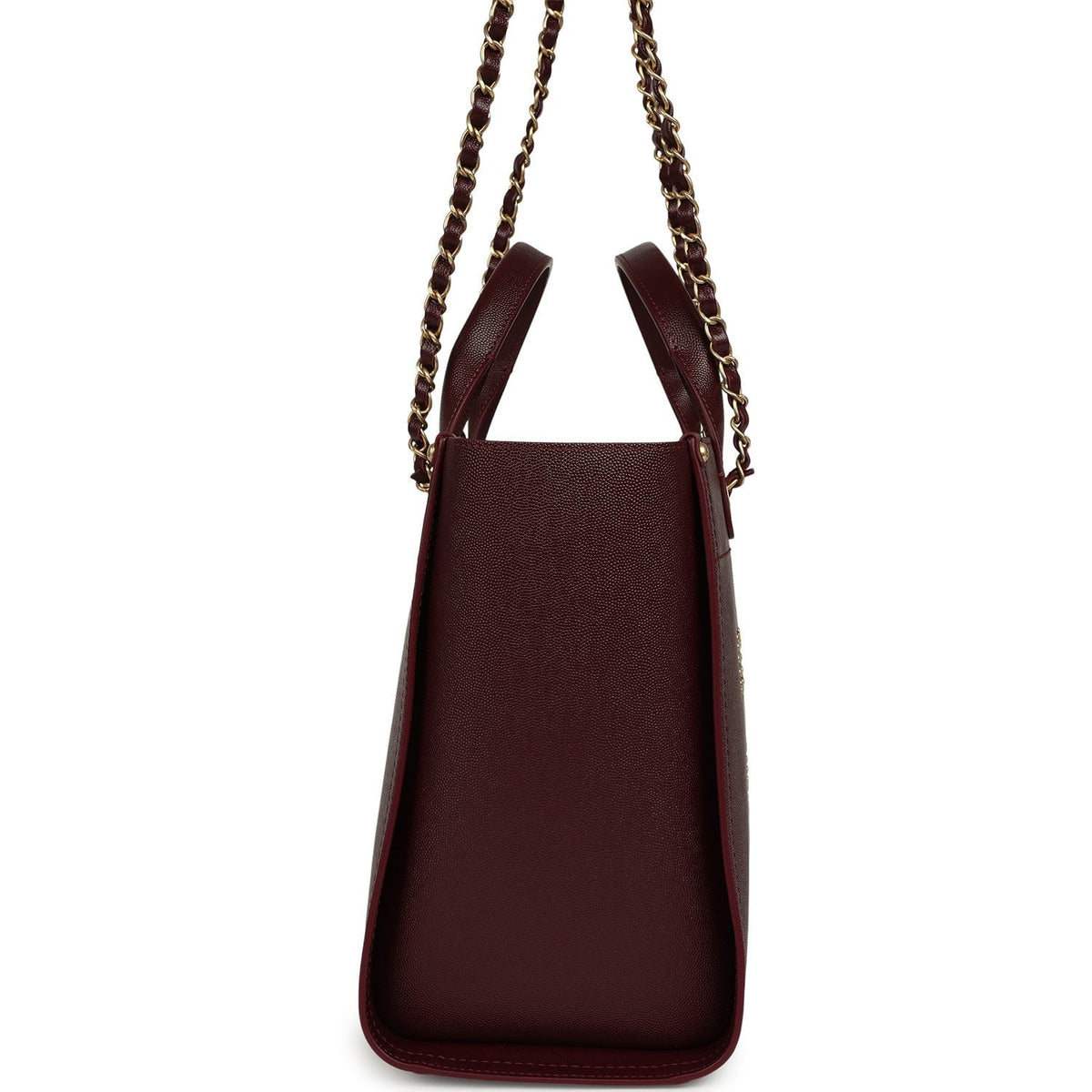 Chanel Small Studded Deauville Shopping Tote Burgundy Caviar Brushed Gold Hardware