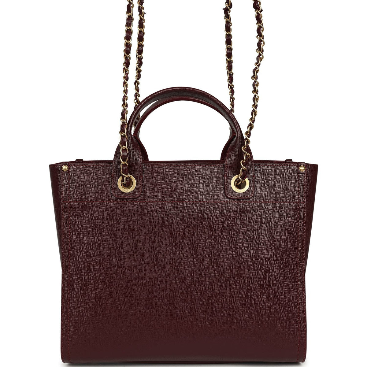 Chanel Small Studded Deauville Shopping Tote Burgundy Caviar Brushed Gold Hardware