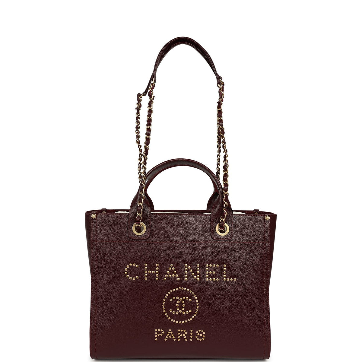 Chanel Small Studded Deauville Shopping Tote Burgundy Caviar Brushed Gold Hardware