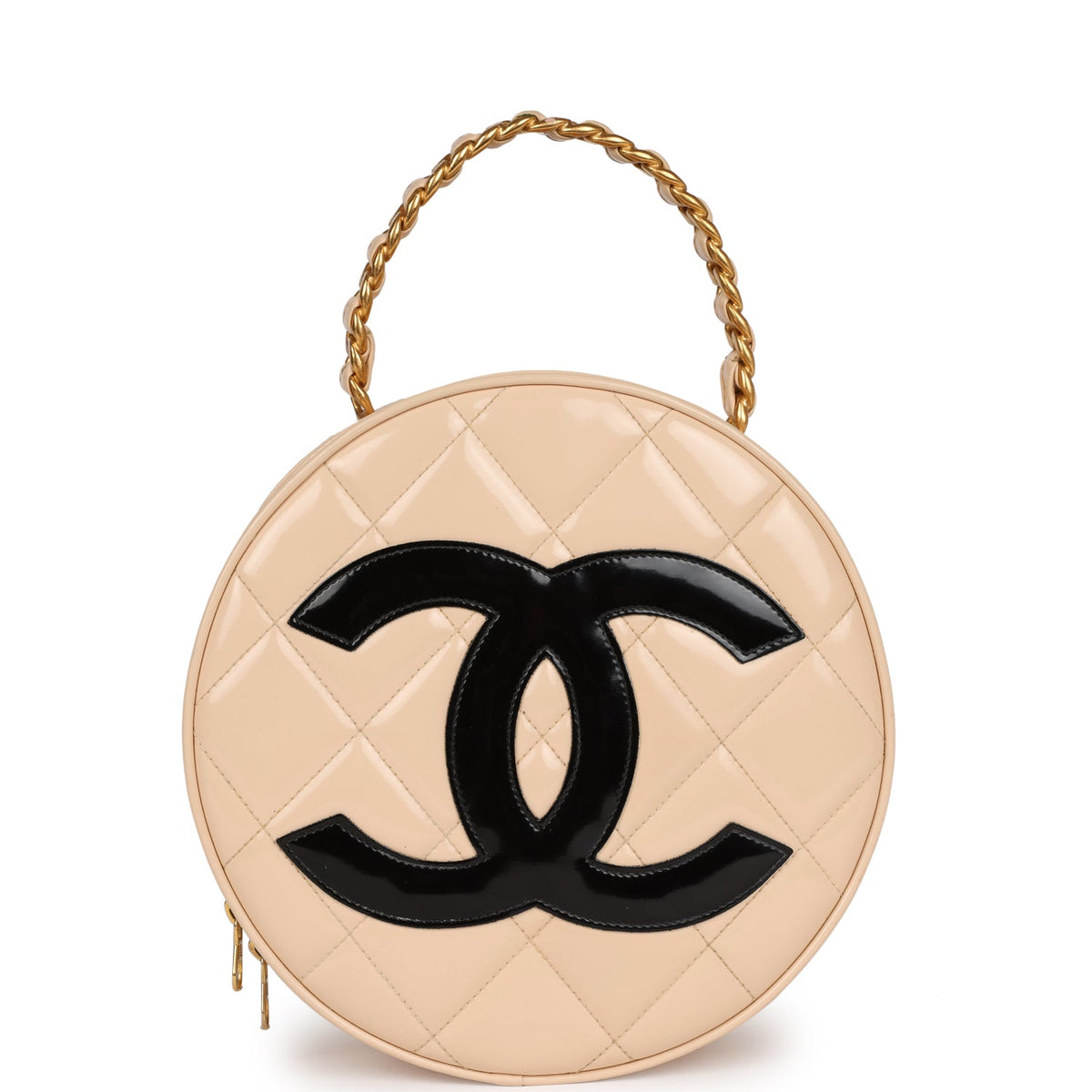 Vintage Chanel Round Vanity Bag Beige, Black Patent Leather Antique Gold Hardware