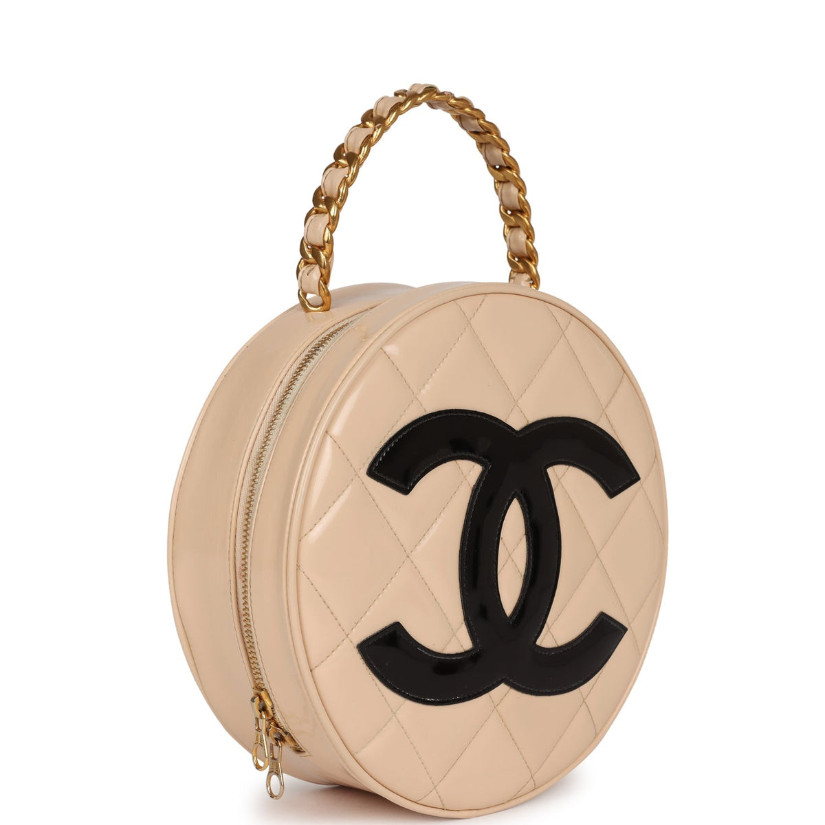 Vintage Chanel Round Vanity Bag Beige, Black Patent Leather Antique Gold Hardware