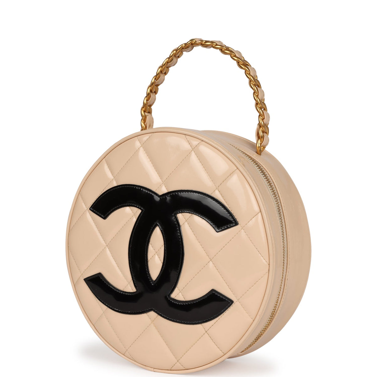 Vintage Chanel Round Vanity Bag Beige, Black Patent Leather Antique Gold Hardware