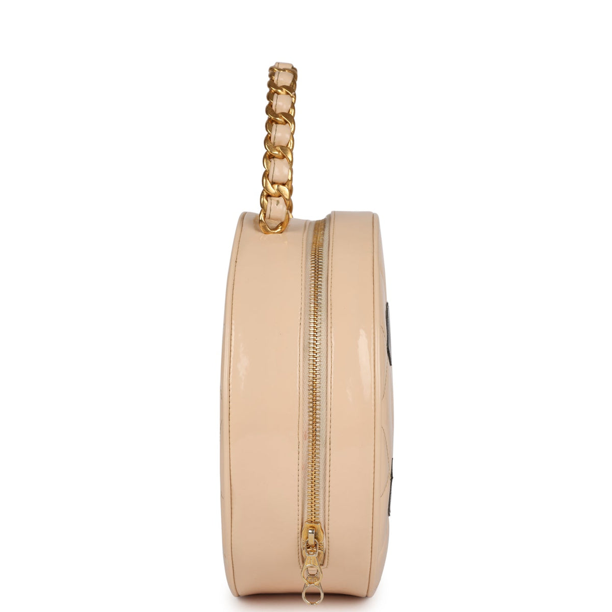 Vintage Chanel Round Vanity Bag Beige, Black Patent Leather Antique Gold Hardware
