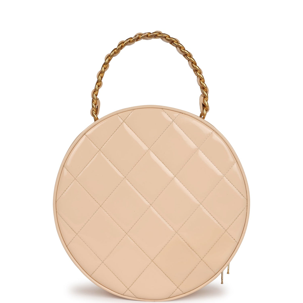 Vintage Chanel Round Vanity Bag Beige, Black Patent Leather Antique Gold Hardware