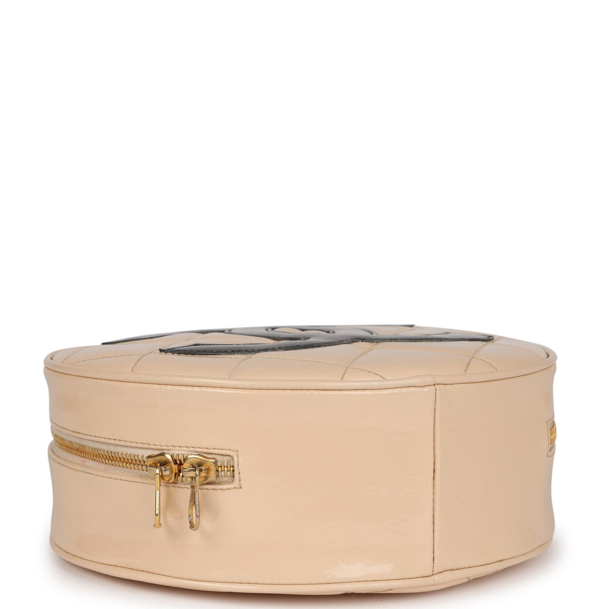 Vintage Chanel Round Vanity Bag Beige, Black Patent Leather Antique Gold Hardware