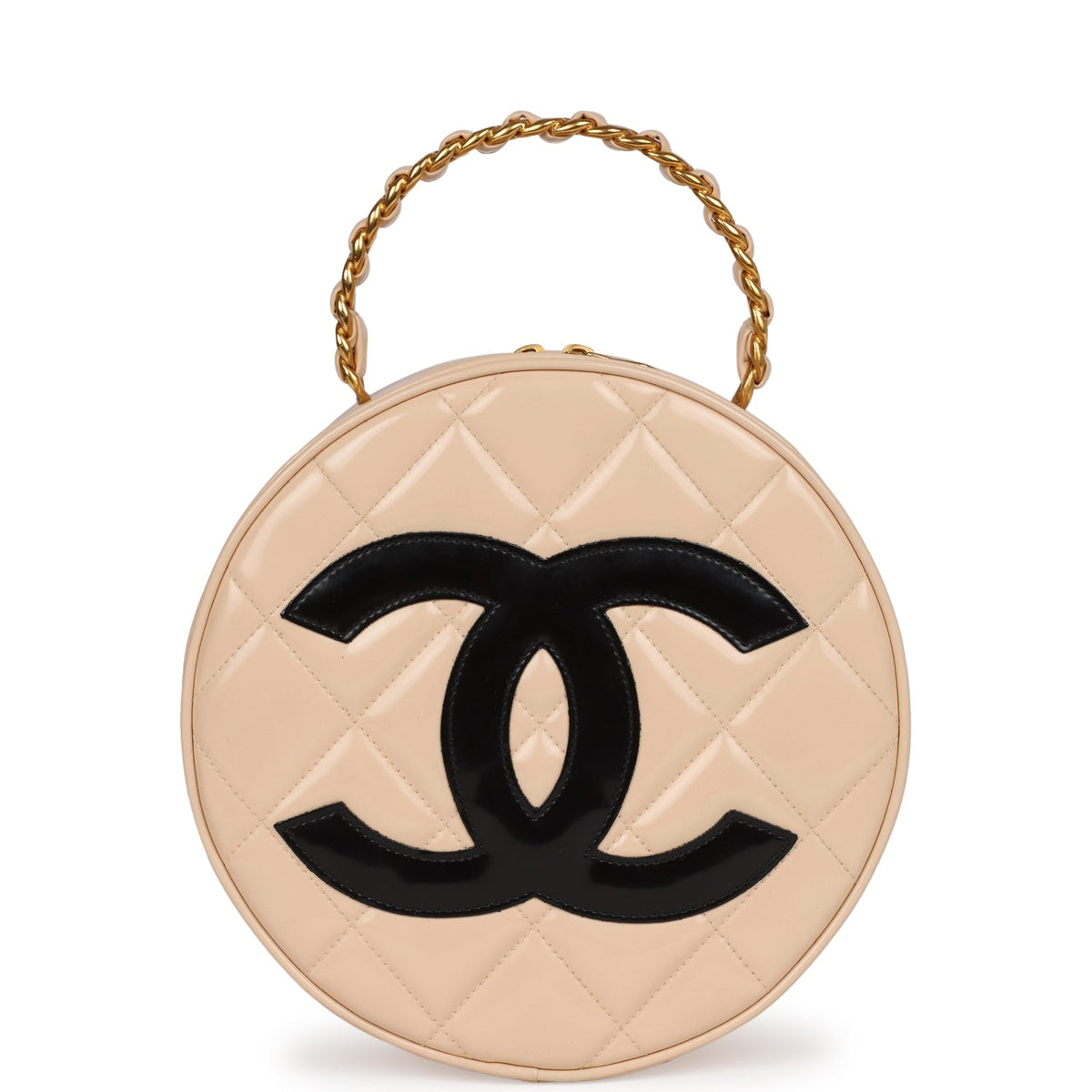Vintage Chanel Round Vanity Bag Beige, Black Patent Leather Antique Gold Hardware
