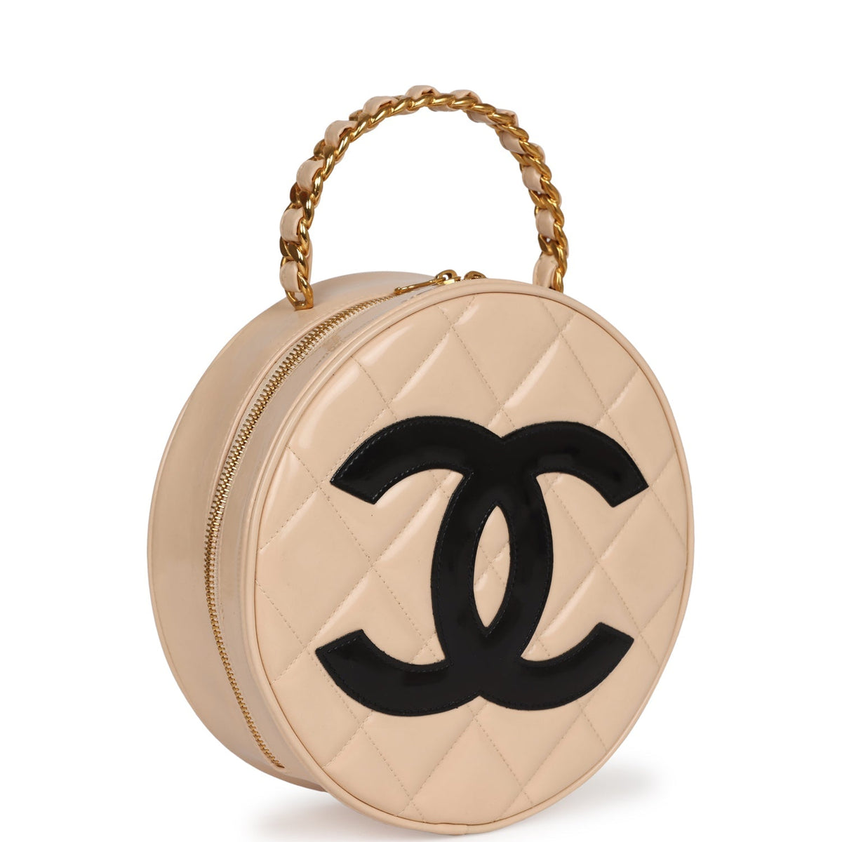 Vintage Chanel Round Vanity Bag Beige, Black Patent Leather Antique Gold Hardware