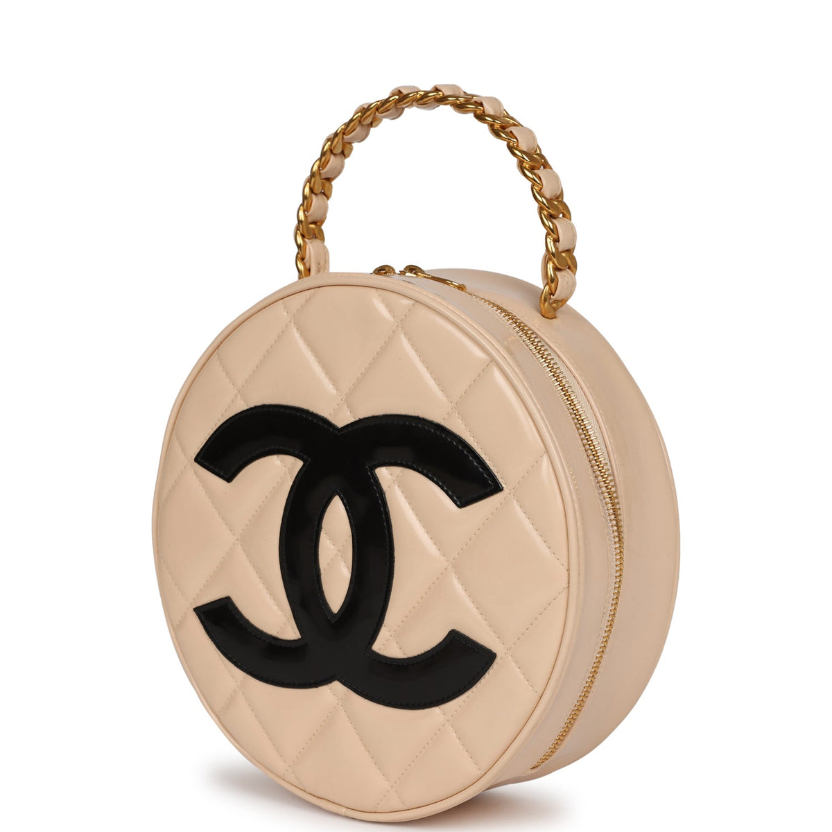 Vintage Chanel Round Vanity Bag Beige, Black Patent Leather Antique Gold Hardware