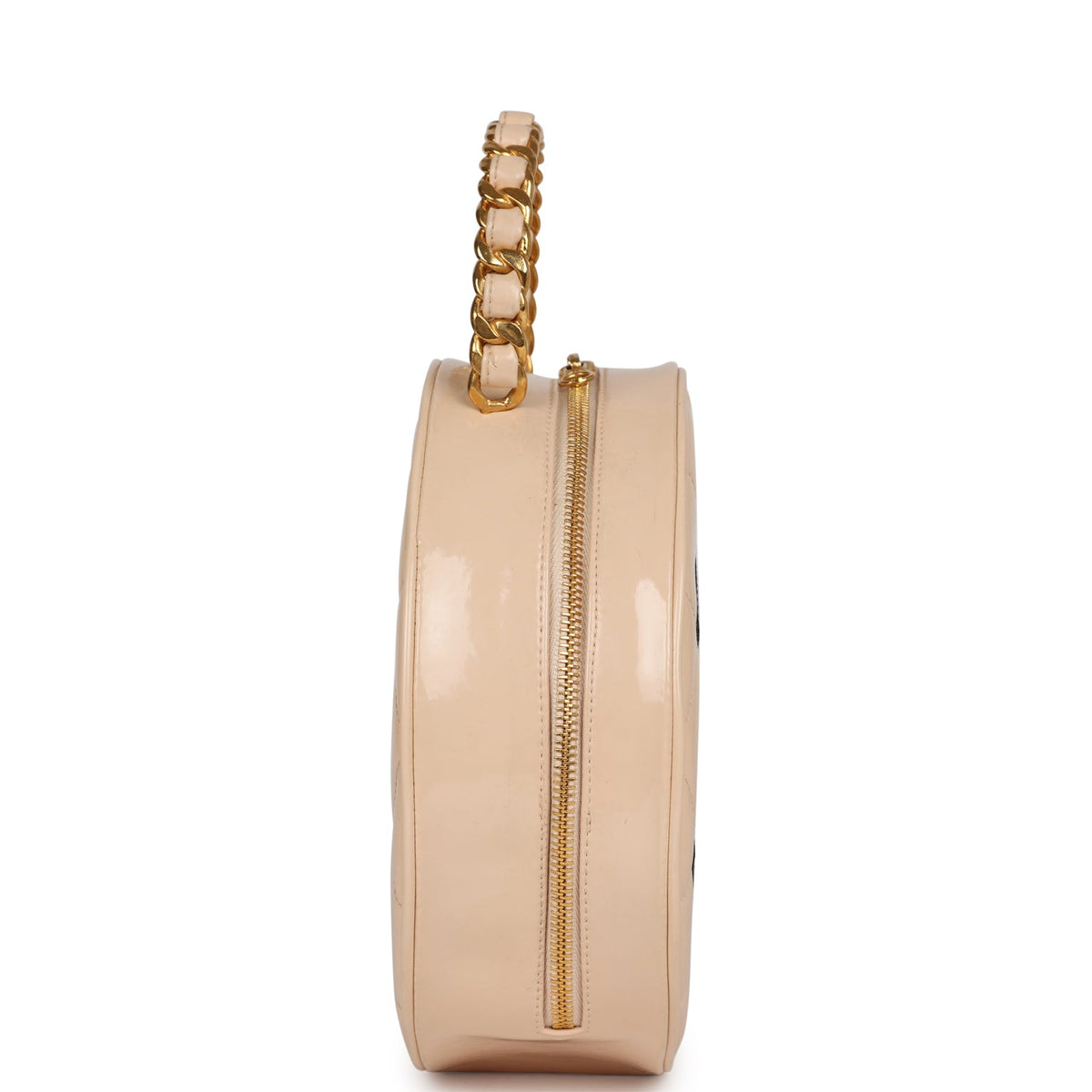 Vintage Chanel Round Vanity Bag Beige, Black Patent Leather Antique Gold Hardware
