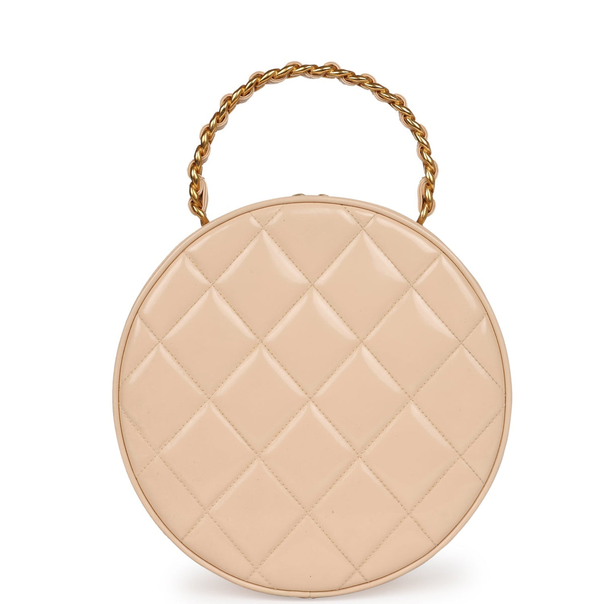 Vintage Chanel Round Vanity Bag Beige, Black Patent Leather Antique Gold Hardware