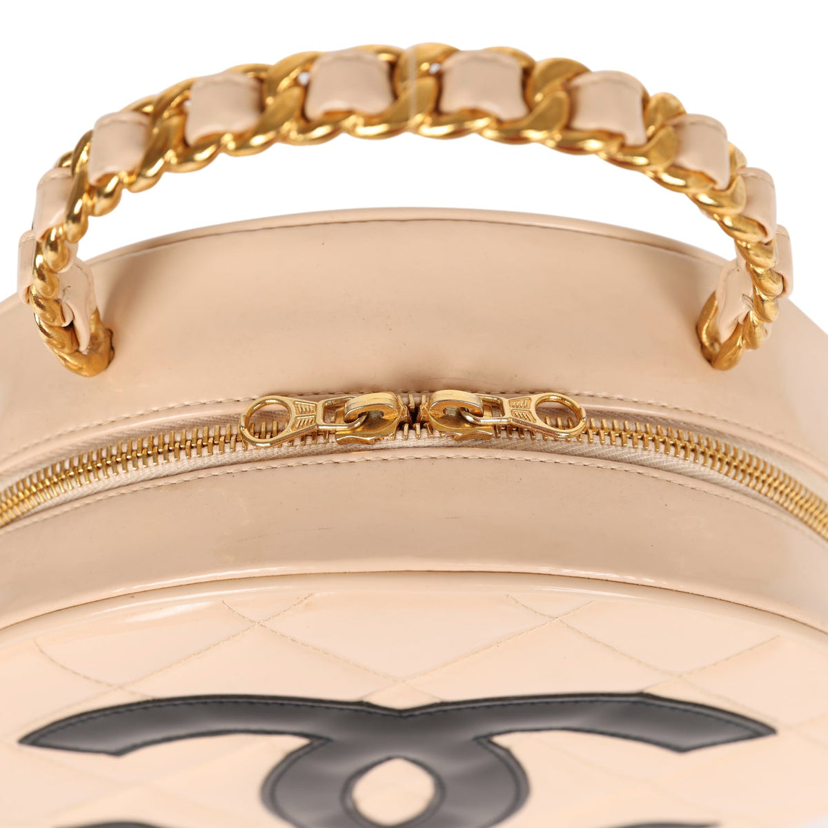 Vintage Chanel Round Vanity Bag Beige, Black Patent Leather Antique Gold Hardware