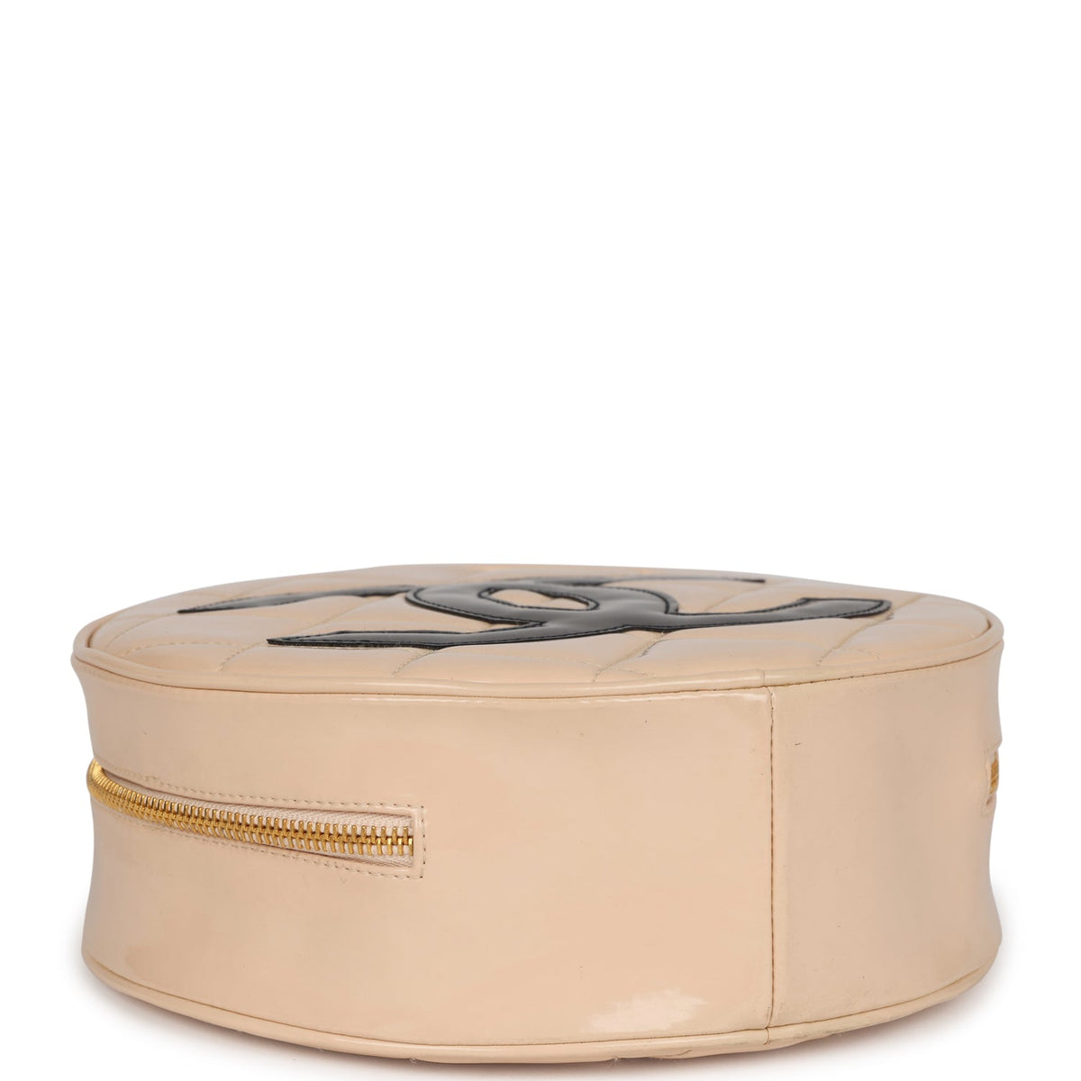 Vintage Chanel Round Vanity Bag Beige, Black Patent Leather Antique Gold Hardware