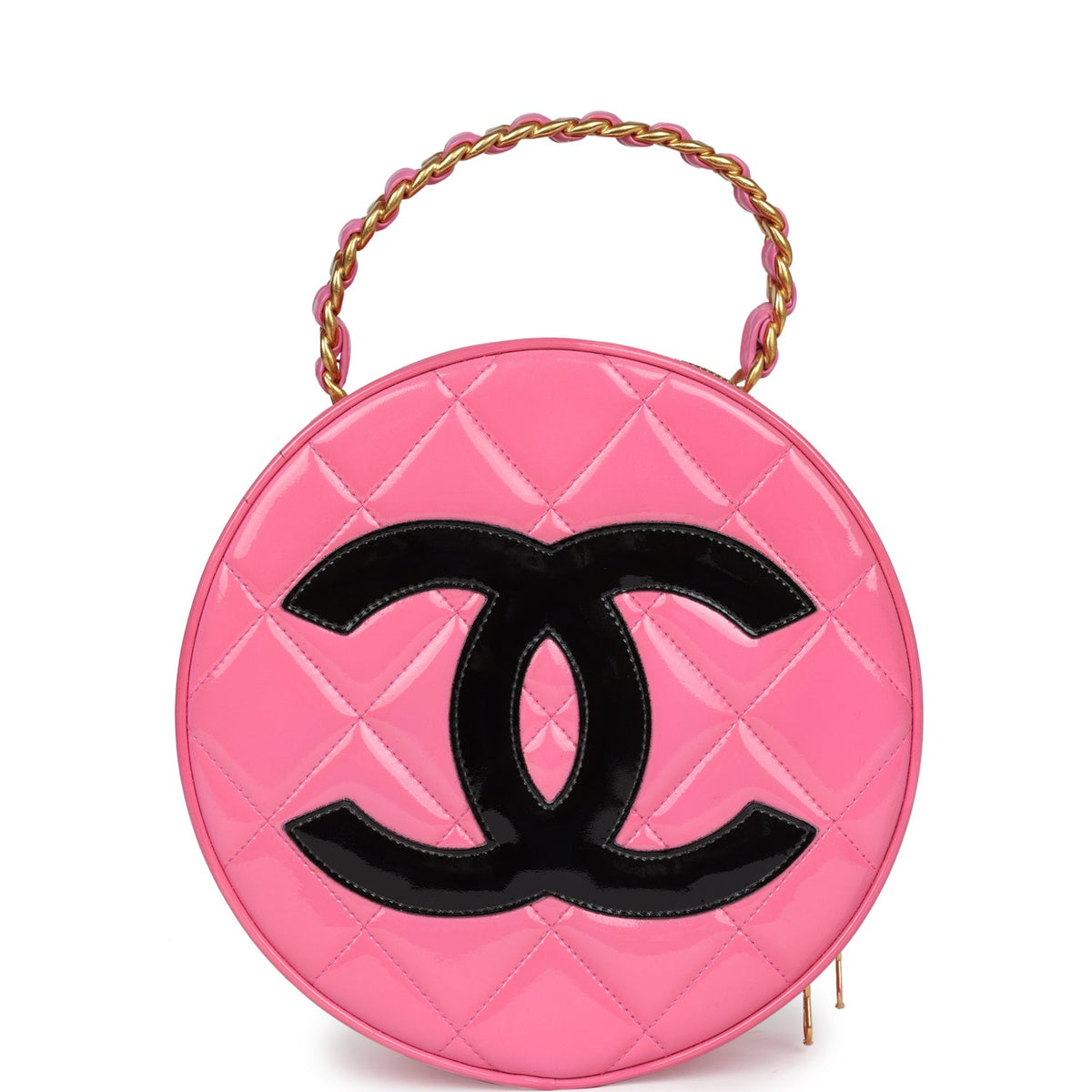 Vintage Chanel Round Vanity Bag Pink, Black Patent Leather Antique Gold Hardware