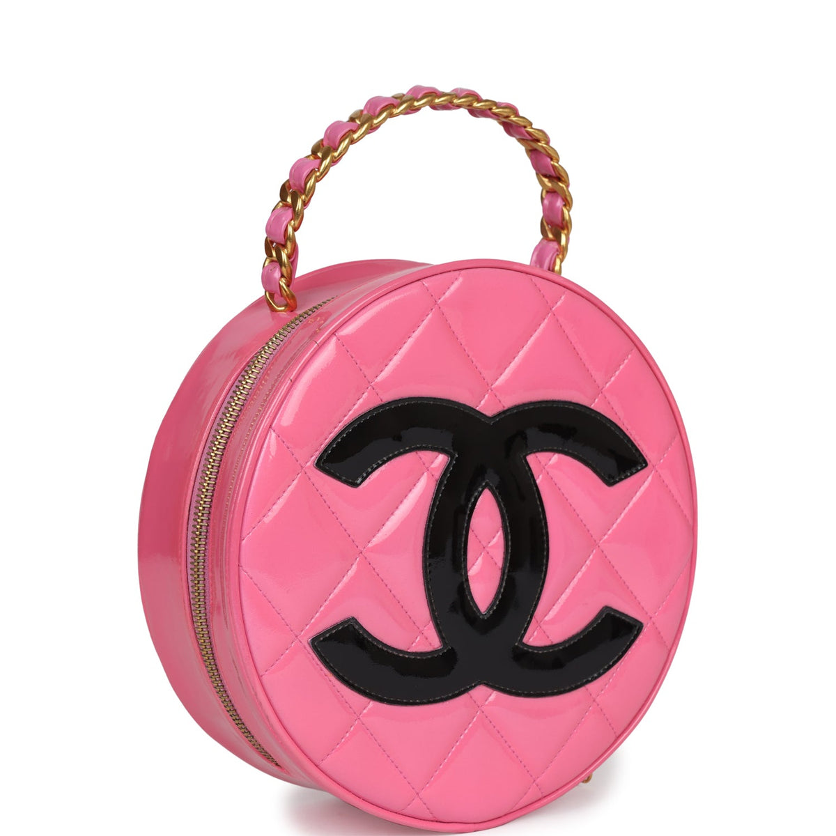 Vintage Chanel Round Vanity Bag Pink, Black Patent Leather Antique Gold Hardware