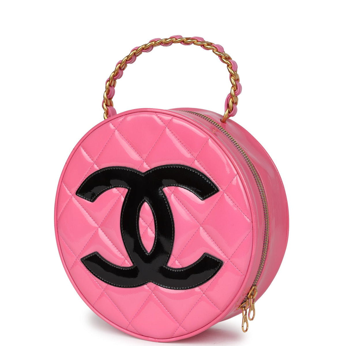 Vintage Chanel Round Vanity Bag Pink, Black Patent Leather Antique Gold Hardware
