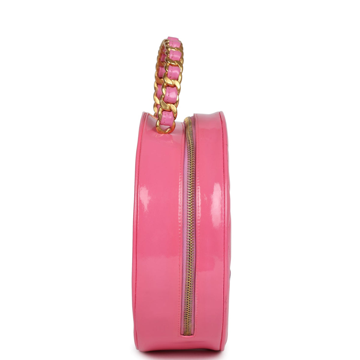 Vintage Chanel Round Vanity Bag Pink, Black Patent Leather Antique Gold Hardware