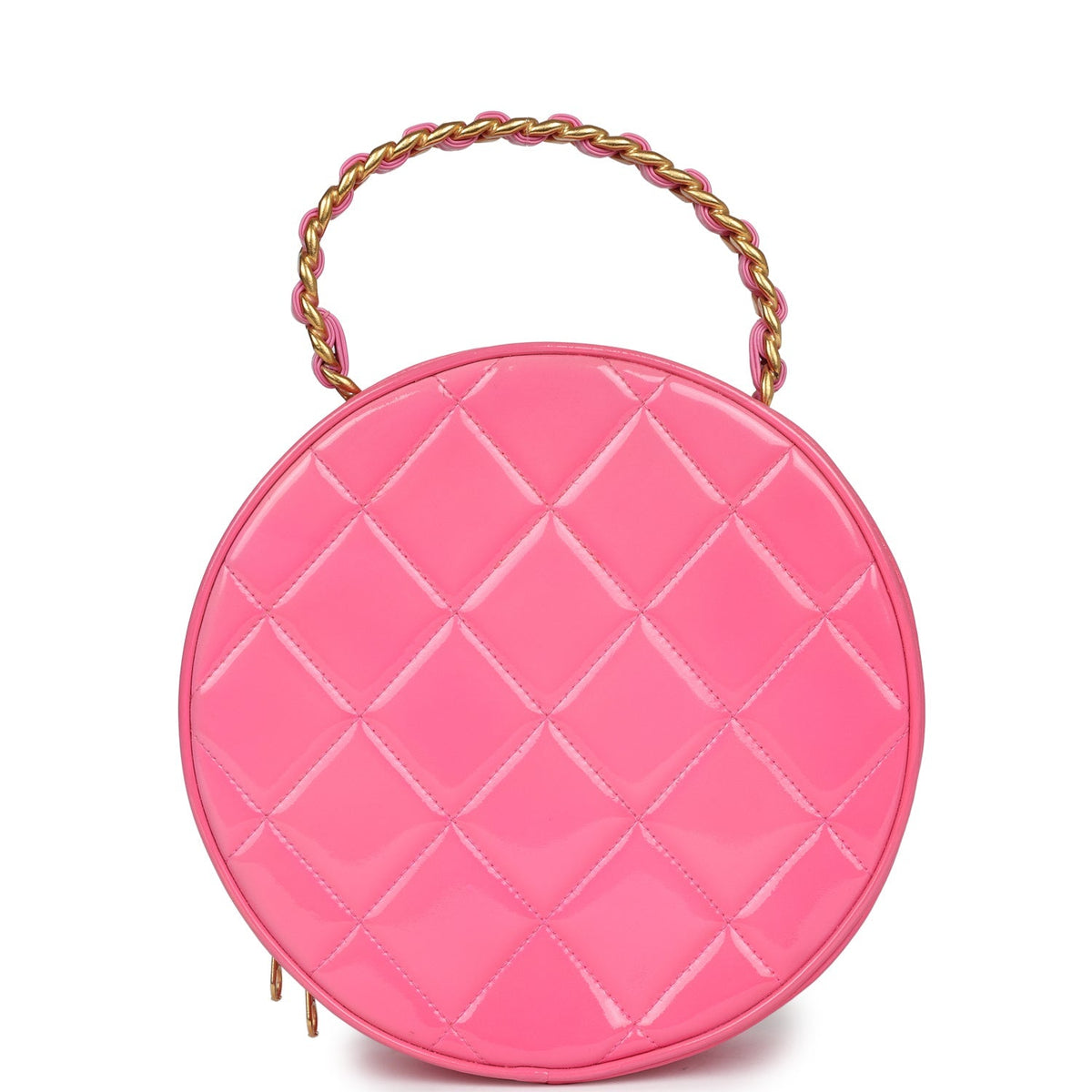 Vintage Chanel Round Vanity Bag Pink, Black Patent Leather Antique Gold Hardware