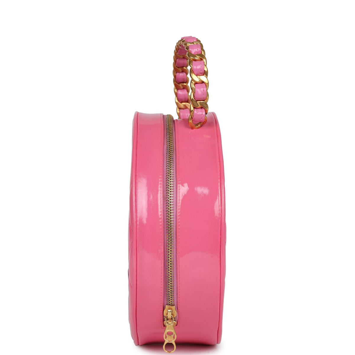 Vintage Chanel Round Vanity Bag Pink, Black Patent Leather Antique Gold Hardware