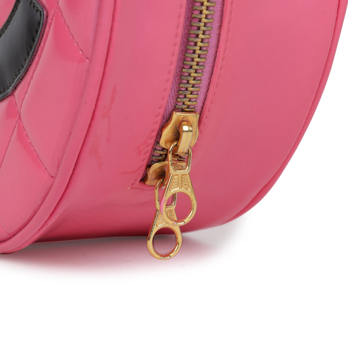 Vintage Chanel Round Vanity Bag Pink, Black Patent Leather Antique Gold Hardware