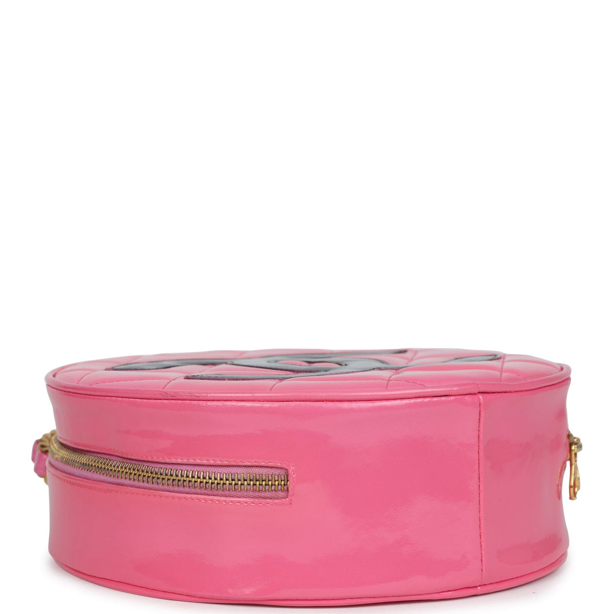 Vintage Chanel Round Vanity Bag Pink, Black Patent Leather Antique Gold Hardware